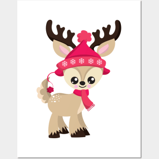 Christmas Reindeer, Cute Reindeer, Red Hat, Xmas Posters and Art